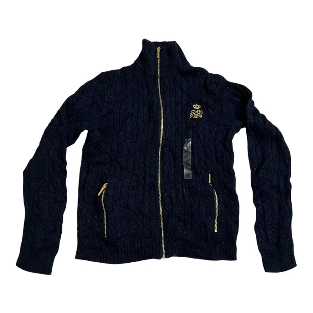 Lauren Ralph Lauren Navy Cable Knit Full Zip Jacket Womens XS/S NWT $89 MSRP - Picture 1 of 6